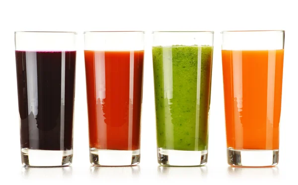 Glasses with fresh vegetable juices isolated on white — Stock Photo, Image