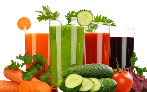 Glasses with fresh vegetable juices isolated on white — Stock Photo, Image