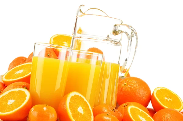 Composición con vasos de zumo de naranja y frutas —  Fotos de Stock