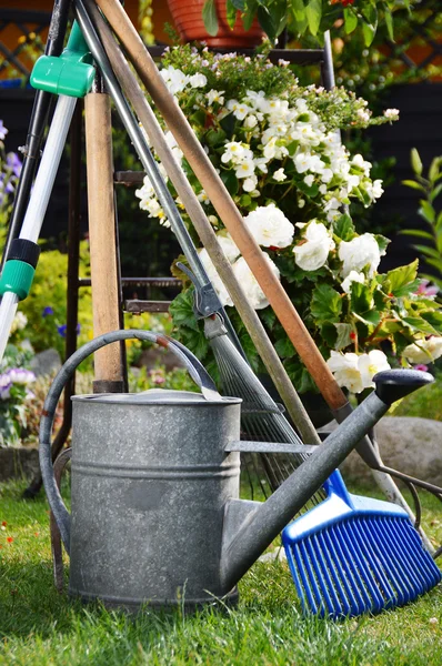 Watering can and tools in the garden — Stock Photo, Image