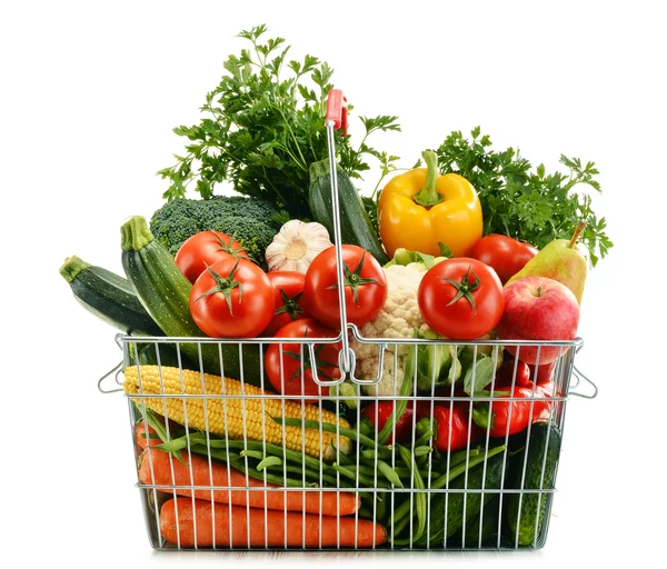 Wire shopping basket with groceries isolated on white — Stock Photo, Image