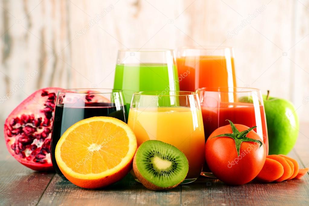 Glasses of fresh organic vegetable and fruit juices