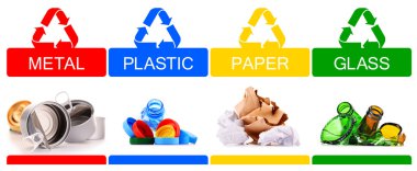 Cam, plastik, metal ve kağıttan oluşan geri dönüşümlü çöp.