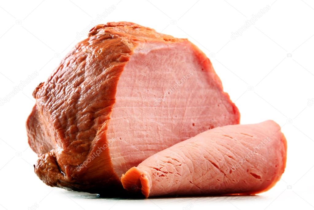 Piece of ham isolated on white background