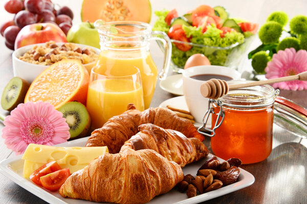 Composition with breakfast on the table. Balnced diet.