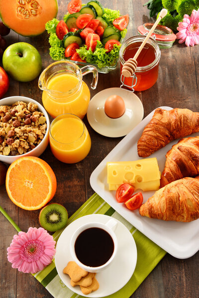 Composition with breakfast on the table. Balnced diet.