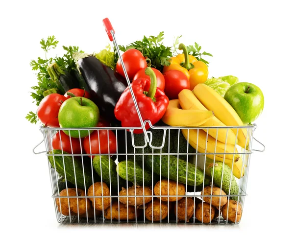 Organic vegetables and fruits in shopping basket on white — Stock Photo, Image