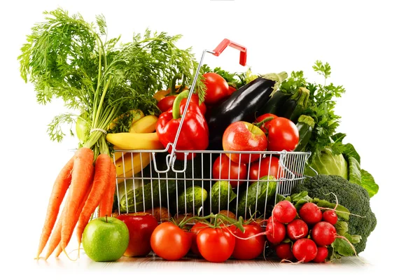 Organic vegetables and fruits in shopping basket on white — Stock Photo, Image