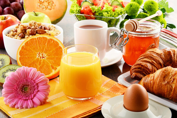 Composition with breakfast on the table. Balnced diet.