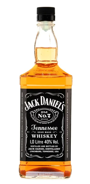 Garrafa de bourbon de Jack Daniel isolado em branco — Fotografia de Stock