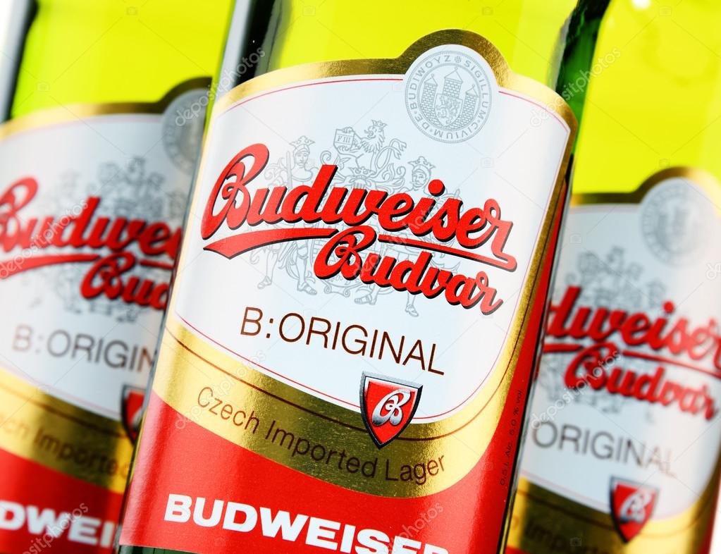 POZNAN, POLAND - JUNE 24, 2015: Budweiser Budvar one of the highest selling beers in the Czech Rep. exported into more than 60 countries, produced in Ceske Budejovice by Budweiser Budvar Brewery