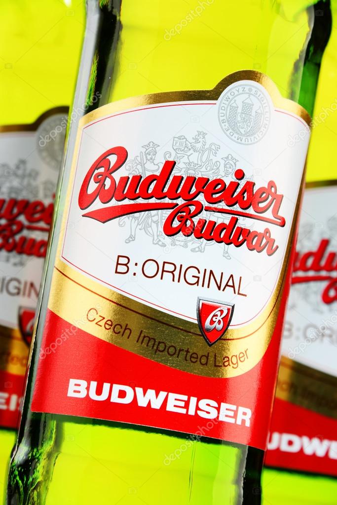 POZNAN, POLAND - JUNE 24, 2015: Budweiser Budvar one of the highest selling beers in the Czech Rep. exported into more than 60 countries, produced in Ceske Budejovice by Budweiser Budvar Brewery