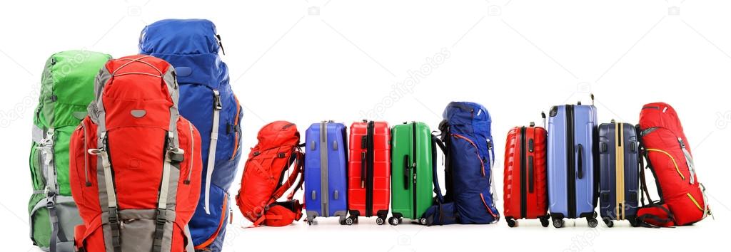 Suitcases and backpacks isolated on white background