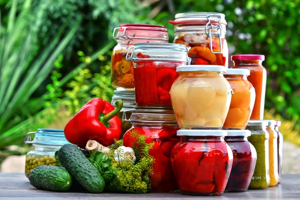 Frascos de verduras en escabeche y frutas en el jardín —  Fotos de Stock