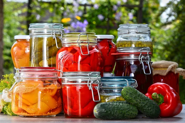 Frascos de legumes em conserva e frutas no jardim — Fotografia de Stock