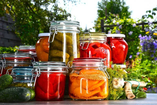 Potten van ingemaakte groenten en fruit in de tuin — Stockfoto