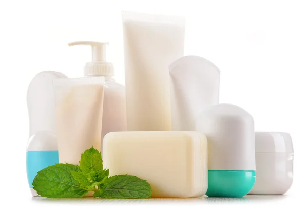 Composition with containers of body care and beauty products — Stock Photo, Image
