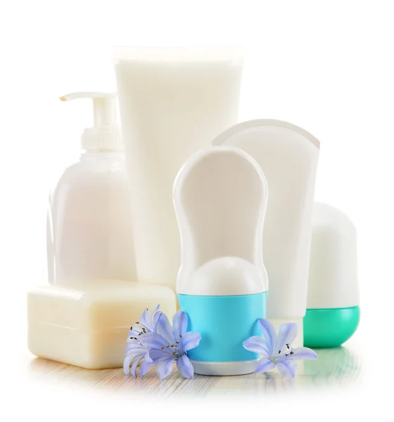 Composition with containers of body care and beauty products — Stock Photo, Image