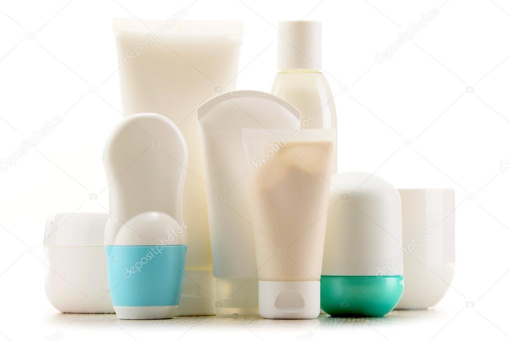 Composition with containers of body care and beauty products