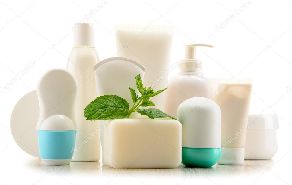 Composition with containers of body care and beauty products