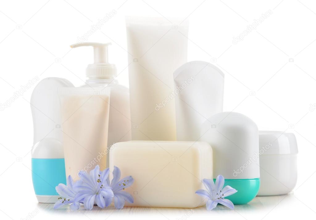 Composition with containers of body care and beauty products