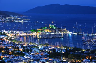 Bodrum liman ve St. Peter Kalesi görünümünü geceleyin