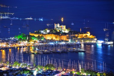Bodrum liman ve St. Peter Kalesi görünümünü geceleyin