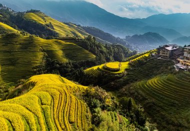 Guangxi Bölgesi, Çin 'deki Longsheng Rice Terasları' nın havadan görünüşü