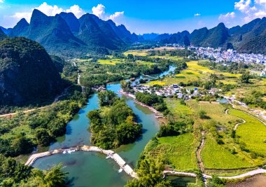 Çin 'in Guangxi bölgesindeki Yangshuo yakınlarındaki Yulong Nehri' nin havadan görünüşü.