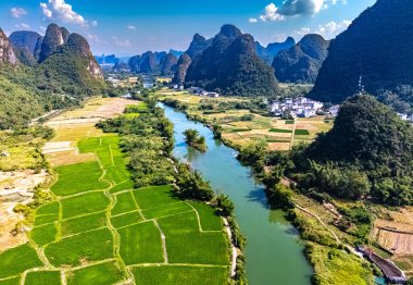 Çin 'in Guangxi bölgesindeki Yangshuo yakınlarındaki Yulong Nehri' nin havadan görünüşü.