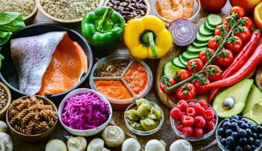 Dengeli beslenmeyi temsil eden gıda ürünleri.