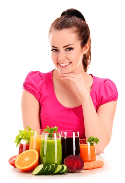 Young woman with variety of vegetable and fruit juices — Stock Photo, Image