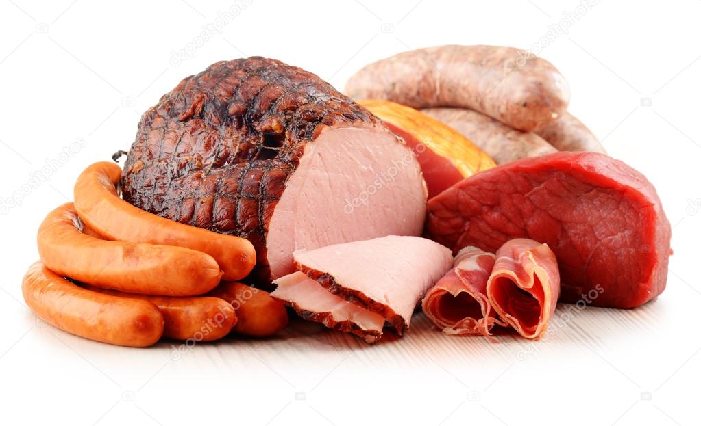 Meat products including ham and sausages isolated on white — Stock