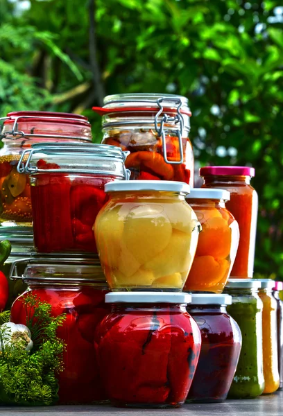 Gläser mit eingelegtem Gemüse und Obst im Garten — Stockfoto