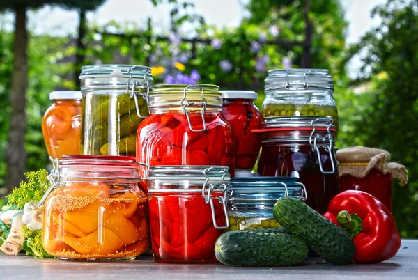 Frascos de legumes em conserva e frutas no jardim — Fotografia de Stock