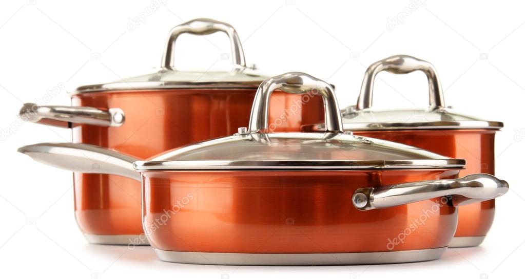 Steel pots isolated on white background