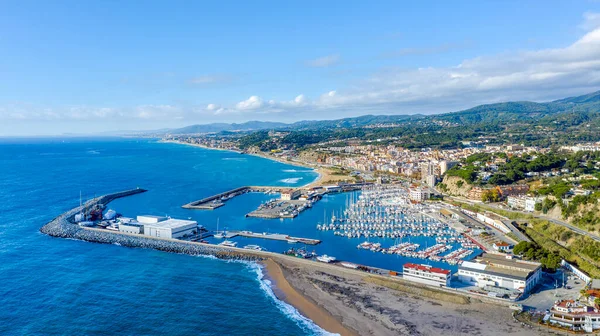 Luchtpanoramisch Uitzicht Stad Arenys Mar Bij Zonsopgang Gelegen Maresme Barcelona — Stockfoto