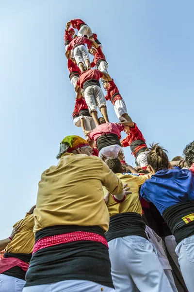 Castellers fazer um Castell ou Torre Humana, típico na Catalunha . — Fotografia de Stock