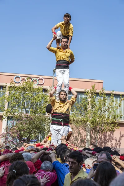 Castellers doen een castell of een menselijke toren, typisch in Catalonië. — Stockfoto