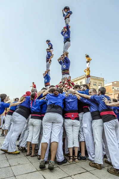 Castellers fazer um Castell ou Torre Humana, típico na Catalunha . — Fotografia de Stock