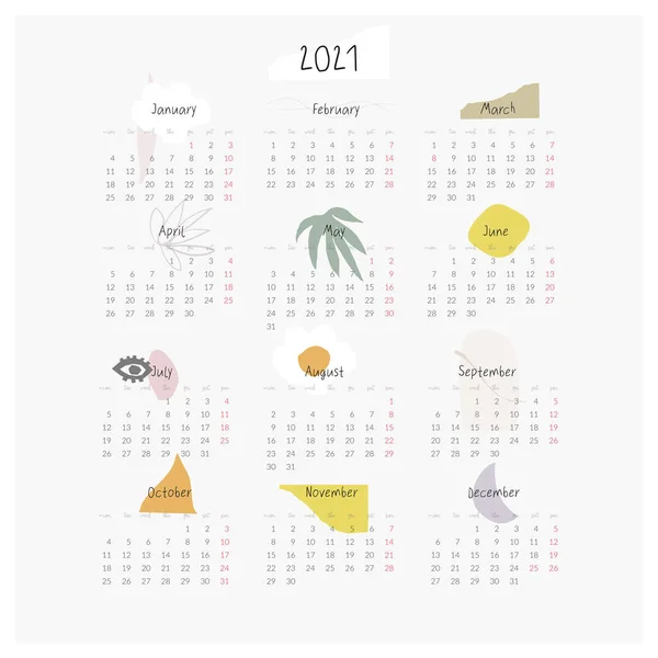 現代抽象造形アートテンプレート印刷可能な2021年カレンダー — ストックベクタ