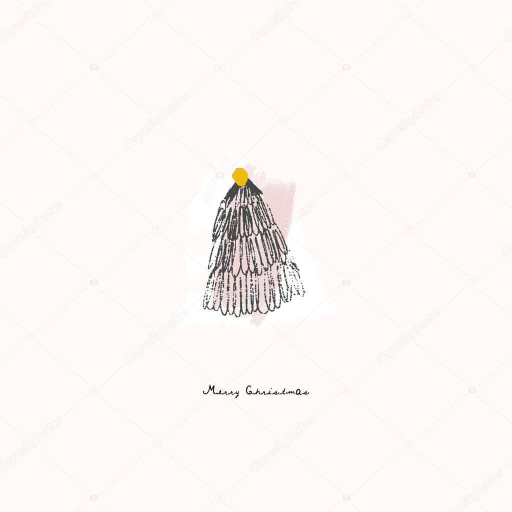 Artistic cute merry Christmas hand drawn xmas tree vector illustration for postcard, greeting card, holidays background, invitation, etc