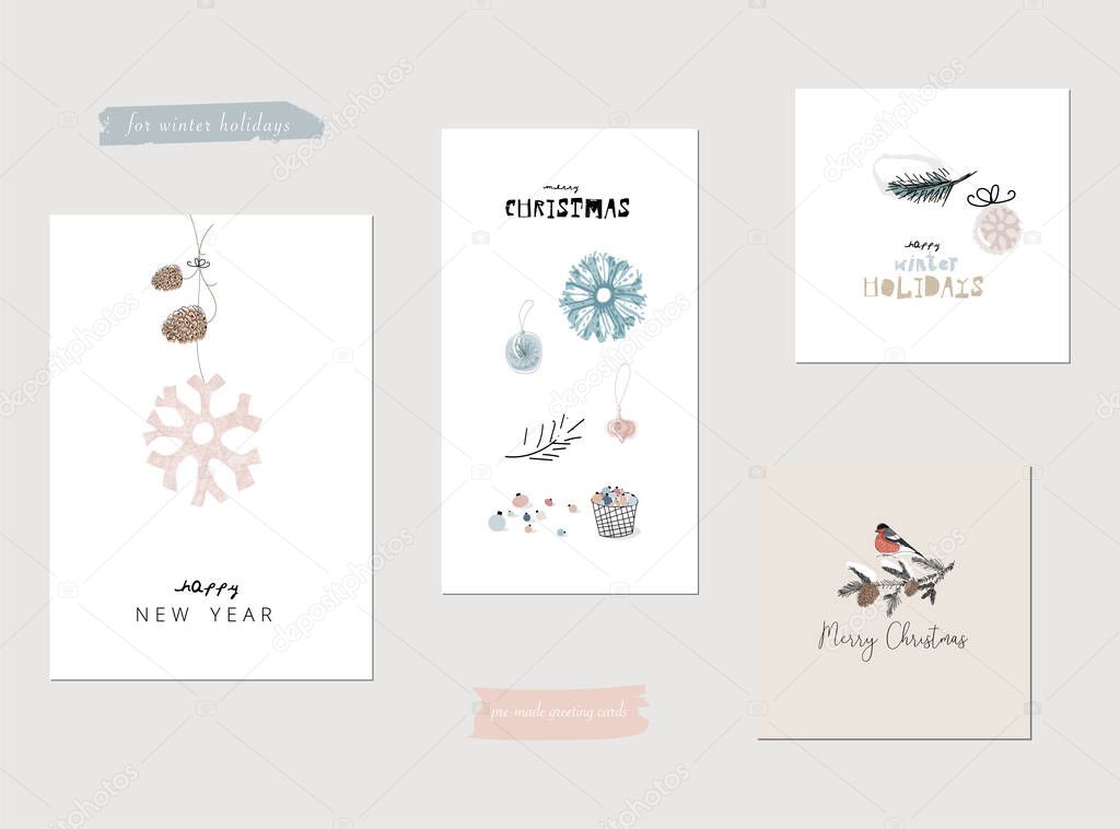 Christmas cute greeting cards or postcards templates with different winter holidays symbols