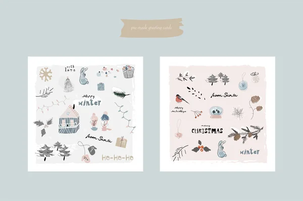 Navidad tarjetas de felicitación lindo o postales plantillas con diferentes símbolos de vacaciones de invierno — Vector de stock