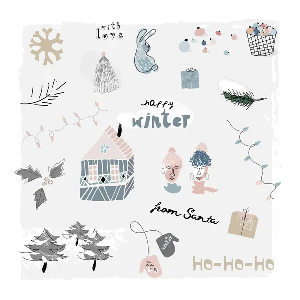 Різдвяні милі вітальні листівки або шаблони листівок з різними символами зимових свят — стоковий вектор