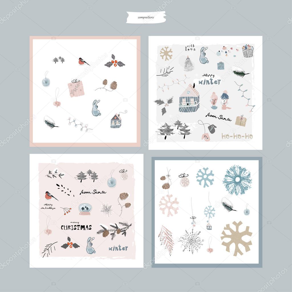 Christmas cute greeting cards or postcards templates with different winter holidays symbols