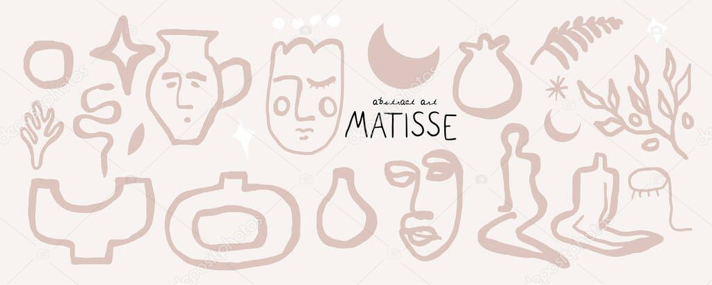 Abstract matisse contemporary art illustrations, bohemian artistic hand drawn minimal style