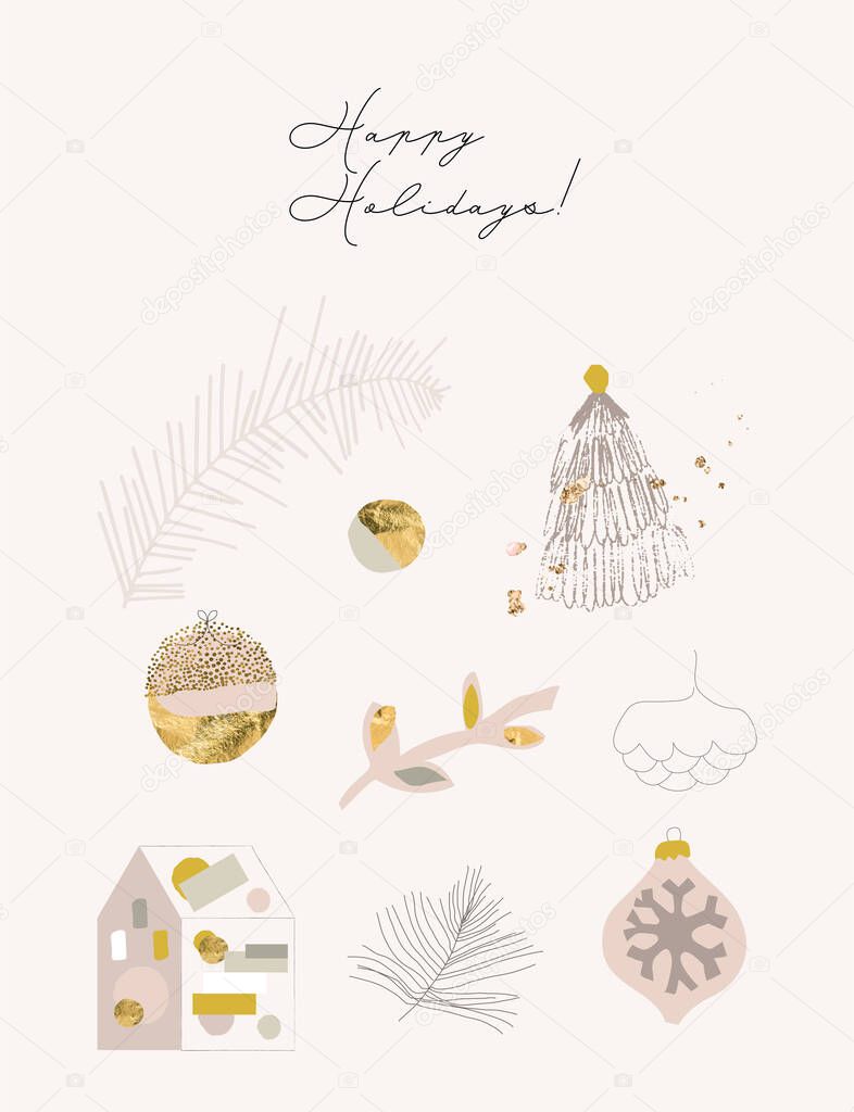 Set of chic Merry Christmas greeting cards or postcards with decorative xmas cute little elements