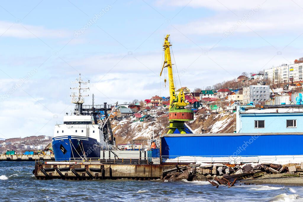 A crane unloads goods from a ship in the port of Petropavlovsk Kamchatsky. For loading and unloading of ships, the port has specialized transshipment areas with covered warehouses and cargo platforms.
