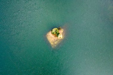 Okyanusun ortasında ağaç olan küçük bir ada, havadan çekilmiş bir fotoğraf. Sıcak turkuaz su ve martılar. 2022 yılının yeni yıl konsepti ve kendini izole etme..